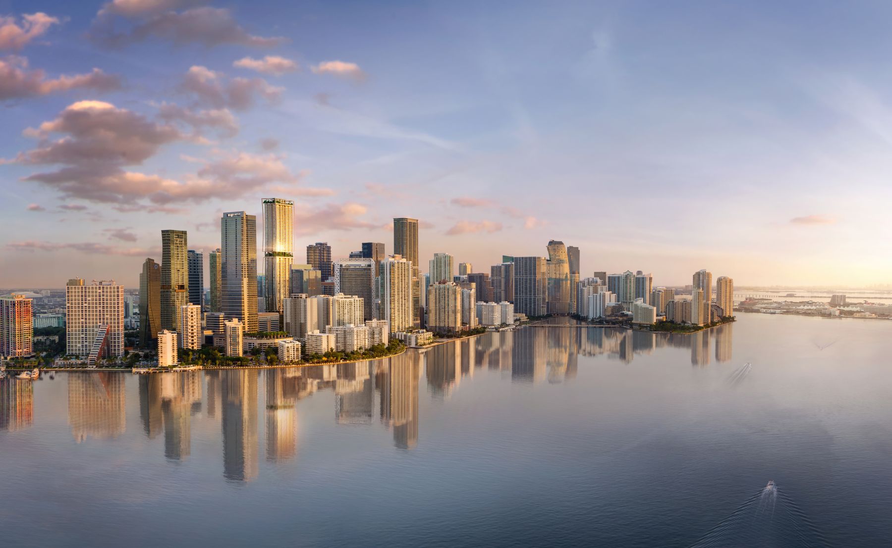 The Brickell skyline across Biscayne Bay at dusk, ORA by Casa Tua, visualisation