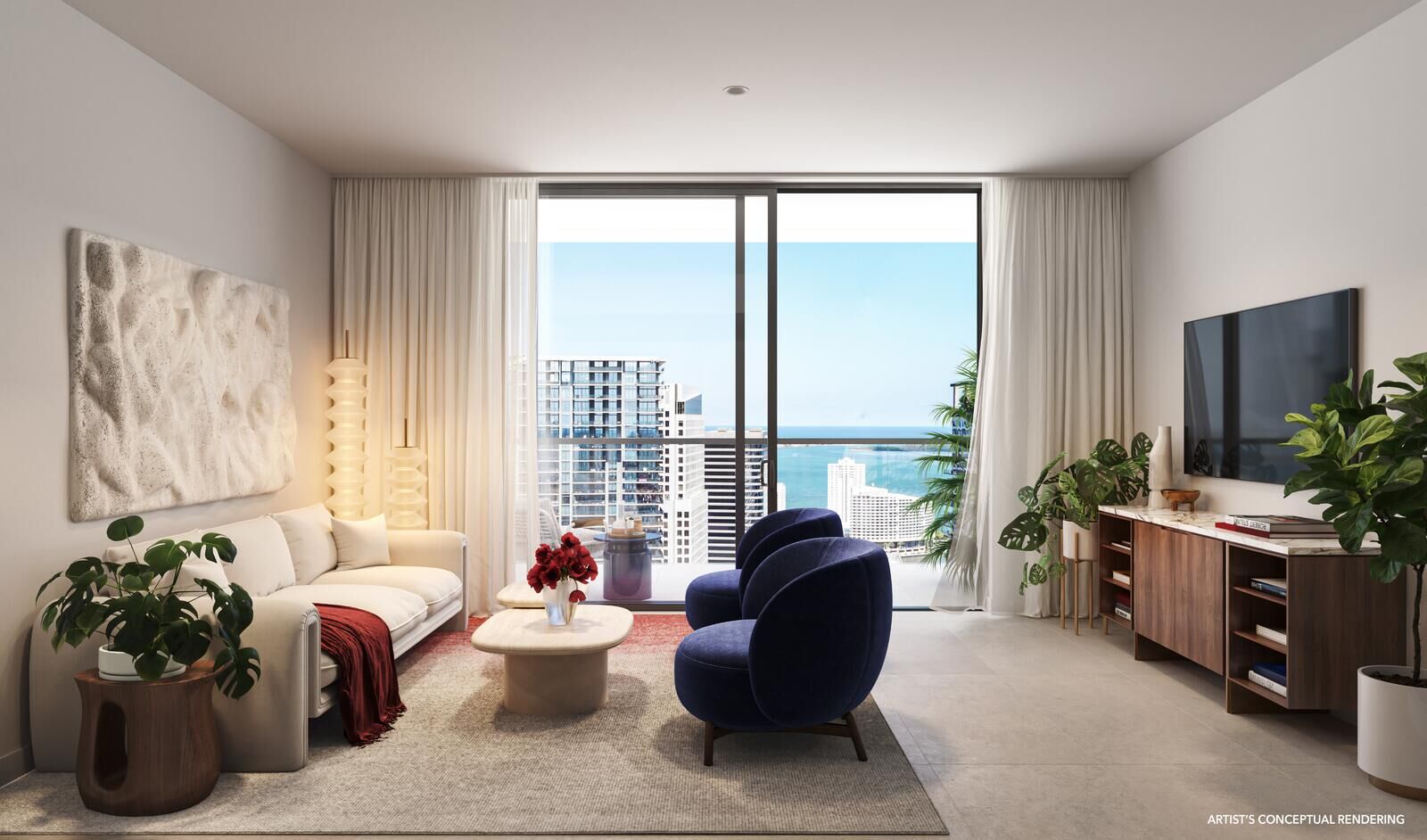 Living room with river and city views